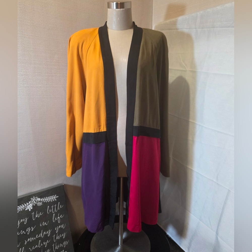VTG 80's Dawn Joy Colorblock Open Front Long Jacket/Cardigan. Sz LG